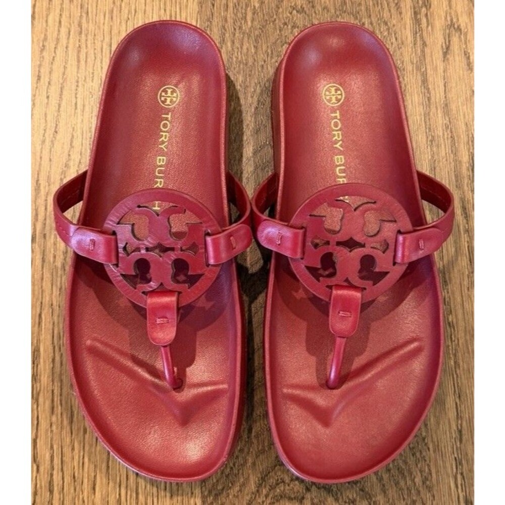 Tory Burch Miller Cloud Leather Thong Sandals Women’s Size 8 Red Logo Comfort - Picture 3 of 9